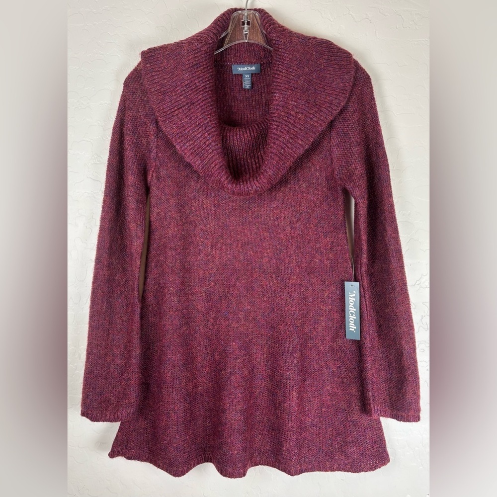 NEW ModCloth Playing It Cowl Metallic Tunic Oversize Wool Blend XS Burgundy 1299